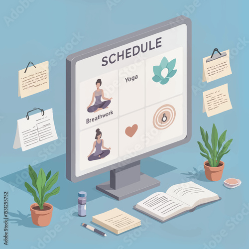 Wellness schedule with yoga and breathwork icons on computer screen
