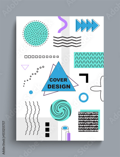 Geometric cover design. Abstract poster. Memphis style banner. Frame with copy space. Contemporary minimalistic composition with figures. Minimal modern background. Vector illustration