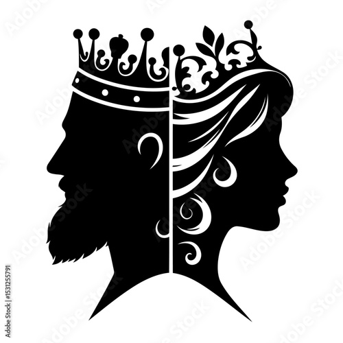 King and Queen: A Majestic Royal Couple Silhouette. Elegant Black and White Profile Art.