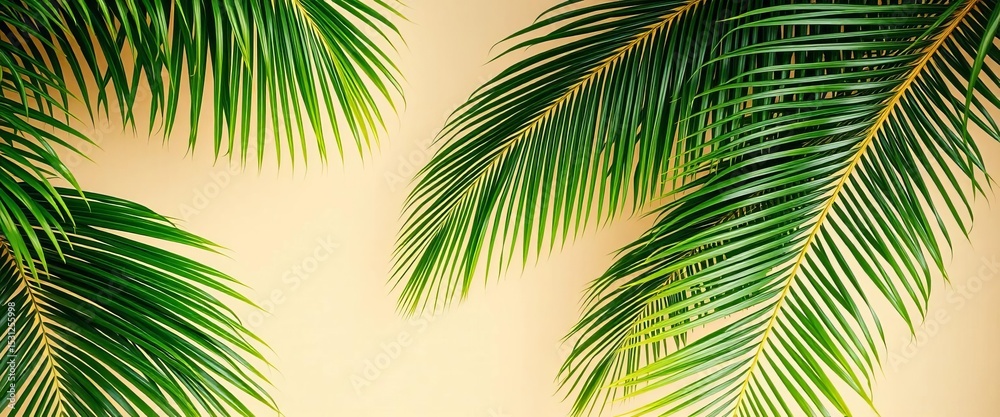 Obraz premium Lush green palm fronds create a tropical frame against a muted beige backdrop, nature background, summer background
