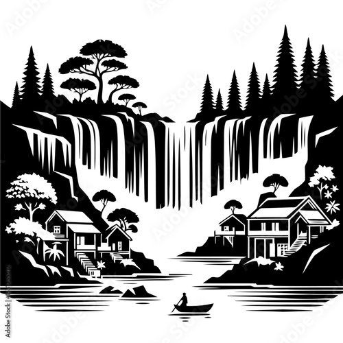 Majestic Waterfall Landscape: Serene River, Tranquil Forest, Picturesque Houses