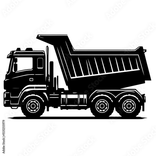 Mighty Dump Truck: A Black and White Silhouette of a Heavy-Duty Construction Vehicle