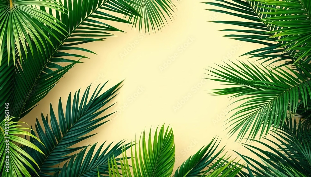 Obraz premium Lush green tropical palm leaves form a vibrant frame against a soft beige backdrop, tropical, border