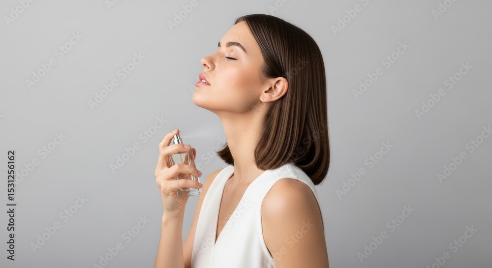 Young woman enjoying the application of perfume, eyes closed in bliss. Ideal for beauty, fragrance, and self-care themes. Young woman enjoying the application of perfume, eyes closed in bliss. Ideal for beauty, fragrance, and self-care themes.