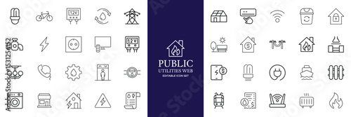Public utilities web icons line set. Public Utilities Water, Fuel, Electricity, gas, garage, Solar House, Rent receipt, Maintainence, and More vector illustration