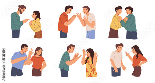 Angry people. Couple conflict. Bad quarrel or aggressive friends talk. Woman in relationships. Misunderstanding and divorce. Man shouting blames. Yelling furious persons vector set