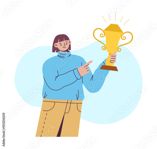 Woman with golden cup prize. Sport and business competition victory gold trophy. Goal achievement. Success person. Goblet first place. Vector cartoon flat isolated illustration