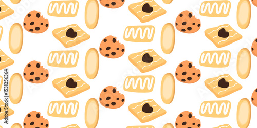 Cookies pattern background.  illustration with biscuit and oatmeal cookies. cartoon elements isolated on monochrome background.