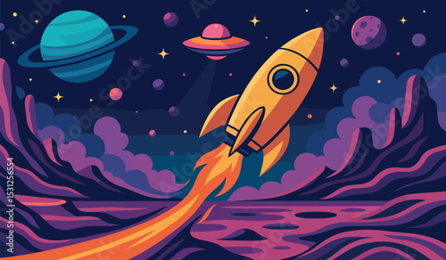 Fototapeta Naklejka Na Ścianę i Meble -  Vector Space Background with Rocket Takeoff, UFO and Planetary Rings