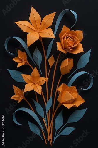 Paper Origami Floral Arrangement with Orange Flowers and Blue Accents