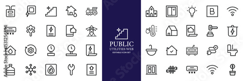 Public utilities web icons line set. Public Utilities Water, Fuel, Electricity, gas, garage, Solar House, Rent receipt, Maintainence, and More vector illustration