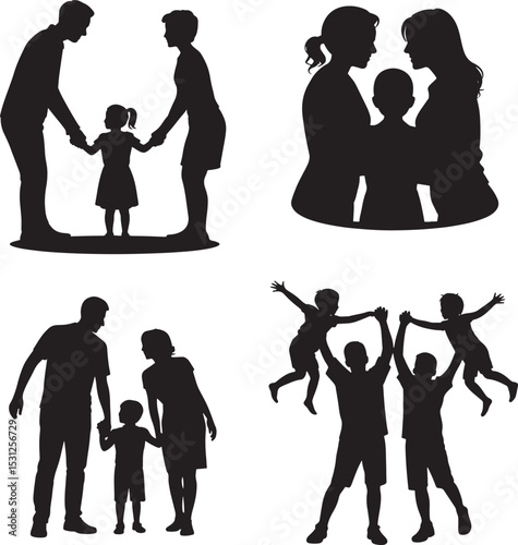 Silhouetted families and children depicting love unity and playful moments on white background