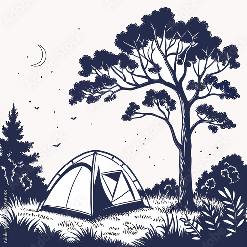 Night Camp Illustration: A serene scene under the moonlight with a tent set up near a large tree in a silhouetted illustration, evoking a sense of adventure and peaceful camping experience.