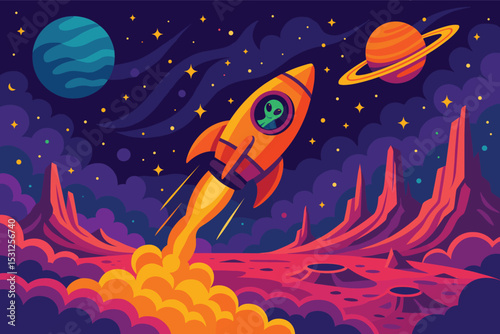 Flat Vector Space Exploration Scene with Colorful Rocket and Saturn