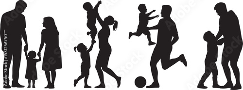 Silhouetted illustrations depicting families playing and having fun with children against a white background
