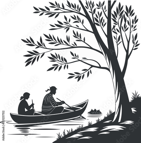 Silhouette of Couple Canoeing: A romantic silhouette of a couple peacefully canoeing on a calm river, under the shade of a willow tree.