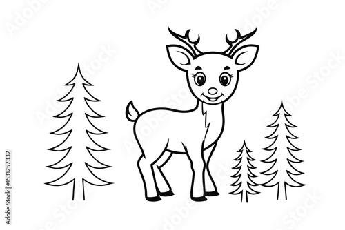 Adorable reindeer line drawing with pine trees winter scene