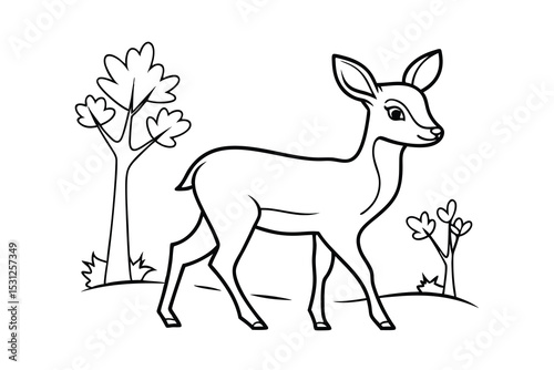 Cute line drawing of a fawn in a simple landscape
