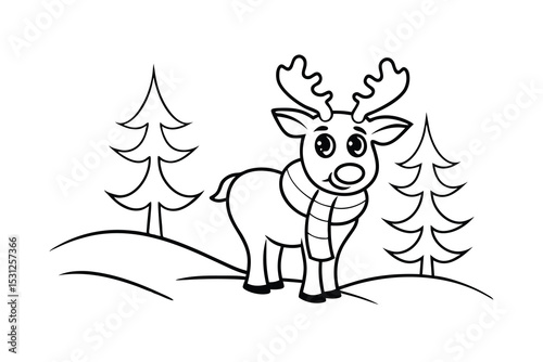 Adorable reindeer line drawing winter scene christmas coloring page