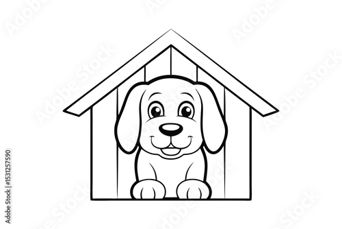 Adorable cartoon dog in its house line drawing