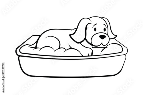 Adorable puppy relaxing in a tub line drawing