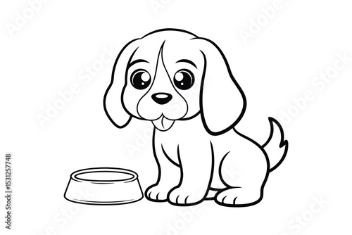 Adorable beagle puppy line drawing with food bowl