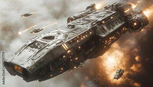 Futuristic spaceship, firing engines, travels through a cloudy, nebulous space environment with accompanying smaller crafts