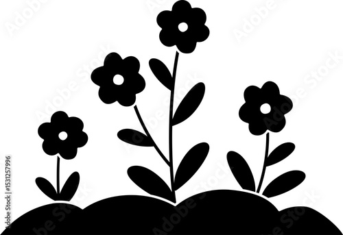 
Blooming Flower Growing in Soil silhouette. 
Floral with Leaves silhouette.
Spring flowerbed icon.
Cute Outdoor Garden flowers Vector.
Transparent background.