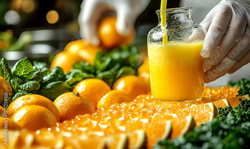 Freshly squeezed orange juice is being poured into a small clear bottle. Orange segments and greens are visible