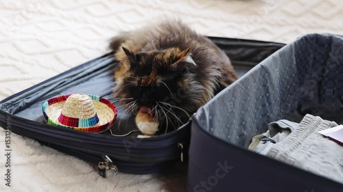 A fluffy cat lies washing in a suitcase with a Mexican hat.