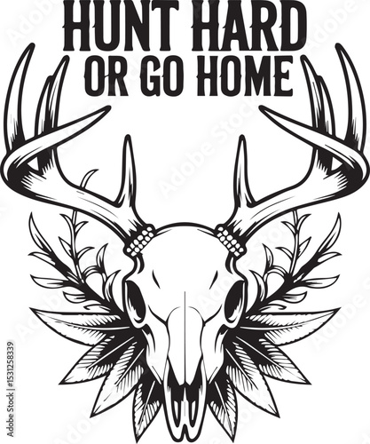 Deer Skull with Antlers and Feathers Vector | Tribal Style Hunting Emblem Design