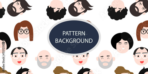 Emoticon head people pattern background. Diverse people crowd silhouette abstract art seamless pattern. Multi-ethnic community, cultural diversity group background drawing illustration in black white