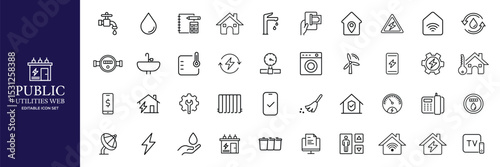 Public utilities web icons line set. Public Utilities Water, Fuel, Electricity, gas, garage, Solar House, Rent receipt, Maintainence, and More vector illustration