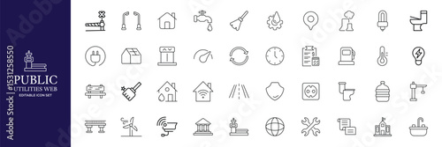 Public utilities web icons line set. Public Utilities Water, Fuel, Electricity, gas, garage, Solar House, Rent receipt, Maintainence, and More vector illustration
