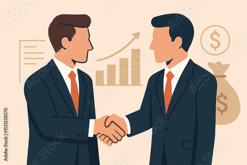Two businesspeople in suits shaking hands in an office