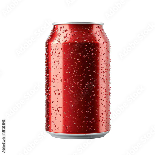 Refreshing can of soda with droplets against a plain background during summer