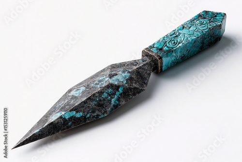 A photorealistic Aztec sacrificial knife with faceted obsidian blade and turquoise handle