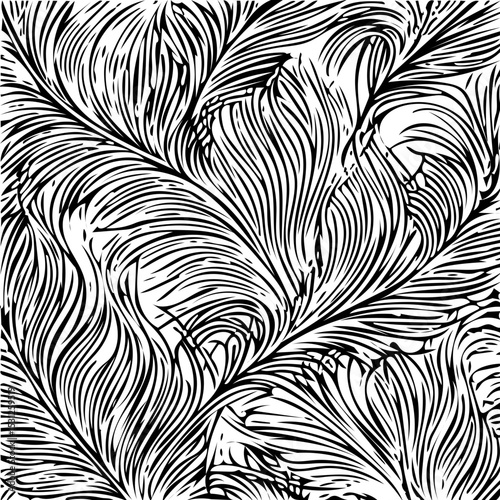 peacock feather pattern fractal, line art, black and white vector 