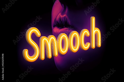 A striking neon-style artwork with a glowing Smooch text overlaying a pair of lips. This vibrant design is perfect for themes relating to romance, nightlife, and modern aesthetics.