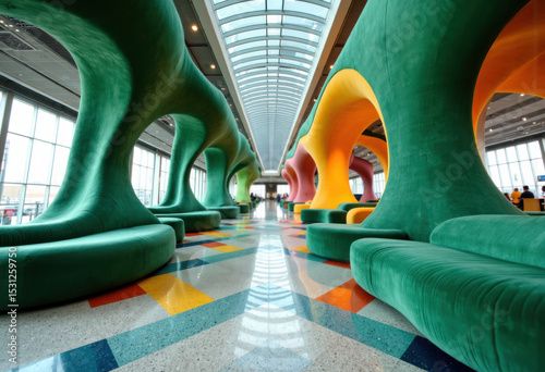 Vibrant, colorful seating area with large, sculptural green and yellow structures in a modern indoor space