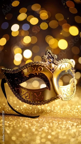 Ornate golden mask with intricate designs and glittering surface against a backdrop of blurred gold bokeh lights.