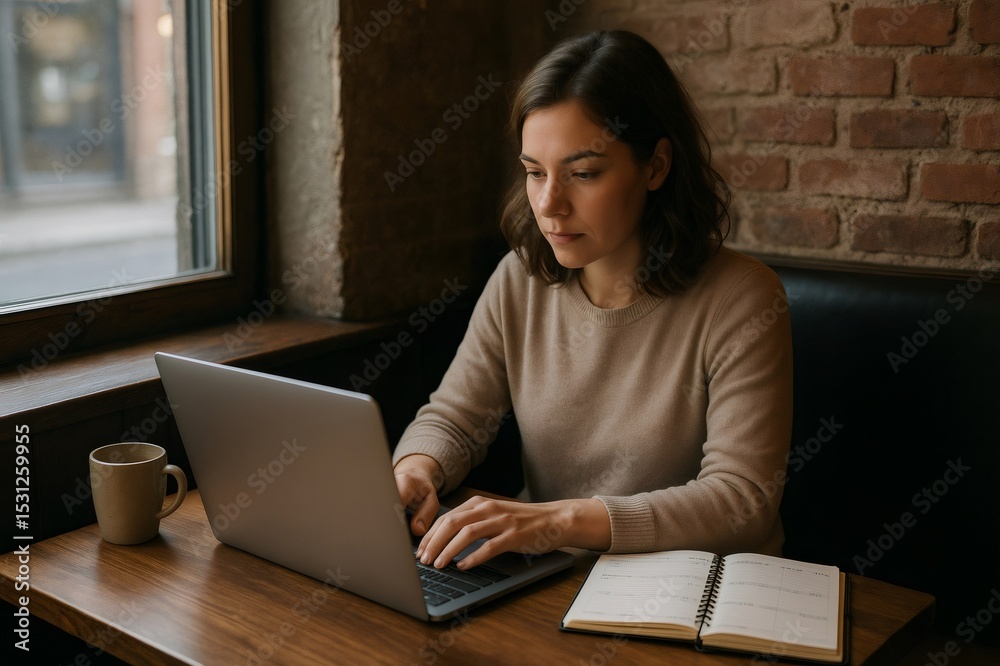 Young woman typing on a laptop in a cozy cafe, savoring a cup of coffee while engaged in remote work and content creation Young woman typing on a laptop in a cozy cafe, savoring a cup of coffee while engaged in remote work and content creation