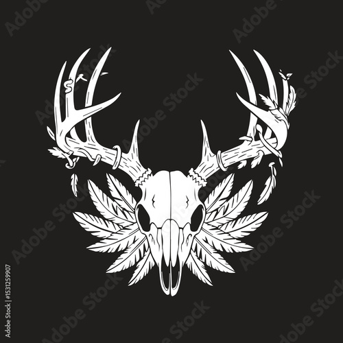 Deer Skull with Antlers and Feathers Vector | Tribal Style Hunting Emblem Design