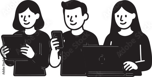 Smiling businessman and woman in silhouette talk in an office, an illustration of a loving couple or business people with a laptop