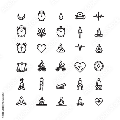 Wellness and fitness icon set black and white