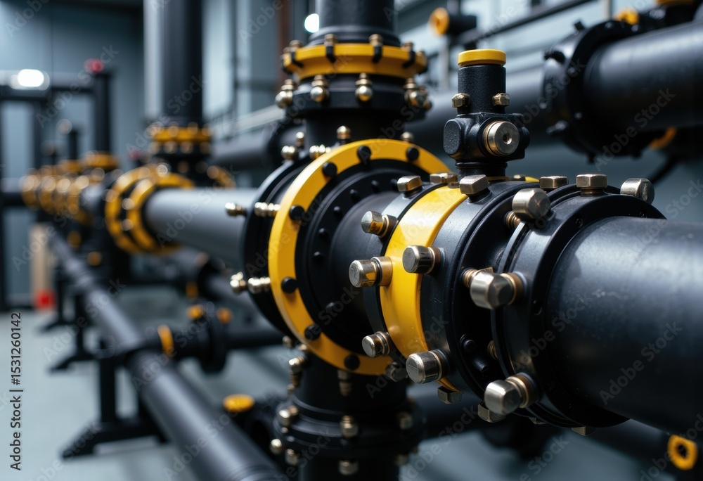 Industrial pipeline system with valves and fittings in a modern manufacturing facility Industrial pipeline system with valves and fittings in a modern manufacturing facility