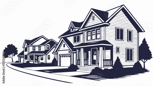 Illustration depicts a row of suburban houses with detailed architectural features and landscaping.