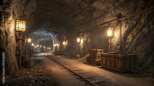 A nostalgic journey into an old dimly lit mining tunnel where the echoes of history linger amidst the warm glow of