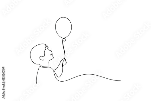 Child holding balloon simple line drawing illustration