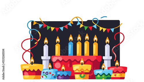 Colorful-Birthday-Cake-with-Candles-and-Festive-Decorations-Celebration-Party-Dessert-Candlelight-Cheerful-Graphic-Illustration-Birthday-Celebrations-Festivities-Icon-Vector